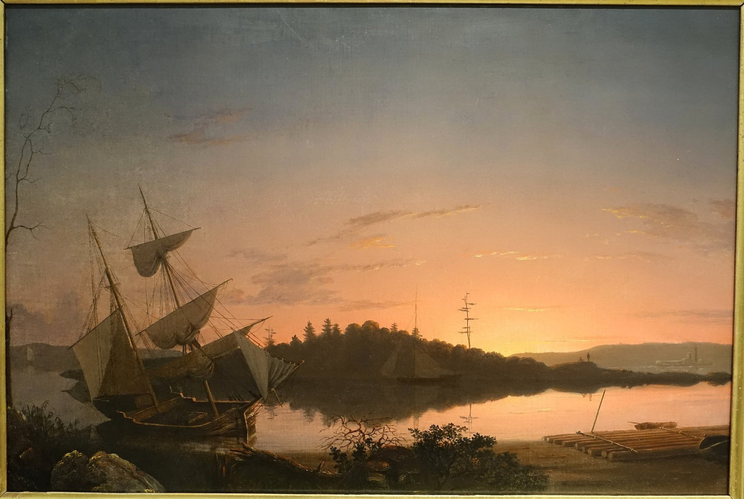 Hand-painted sunset harbor with sailboats and rafts landscape oil painting on canvas