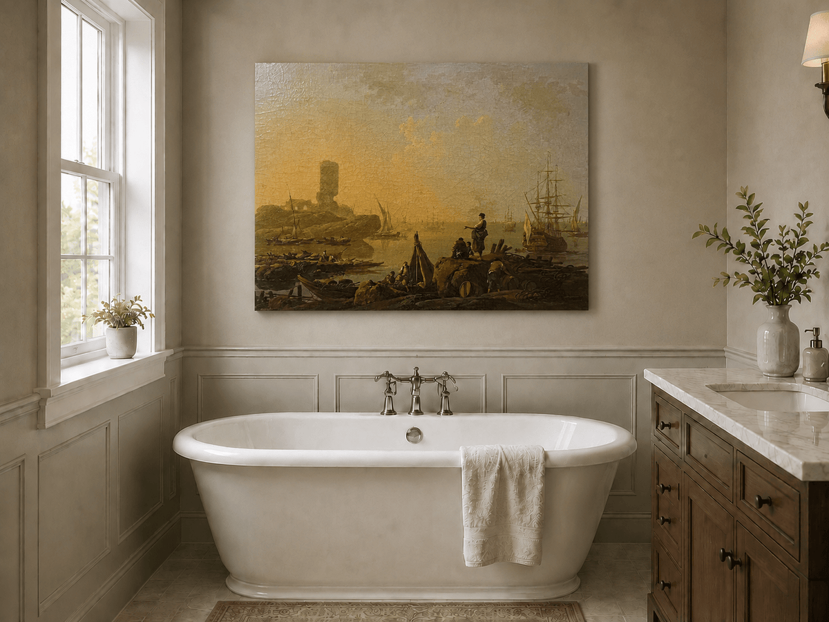 Sunset harbor with sailing ships landscape oil painting presented as styled home decor.