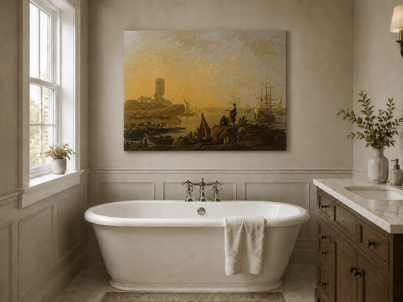 Sunset harbor with sailing ships landscape oil painting presented as styled home decor.