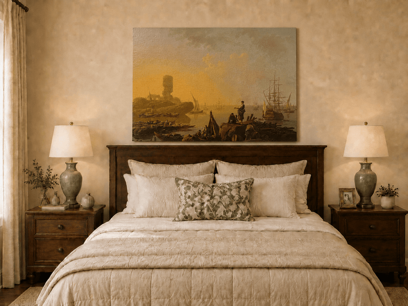 Sunset harbor ships oil painting displayed as landscape wall decor.