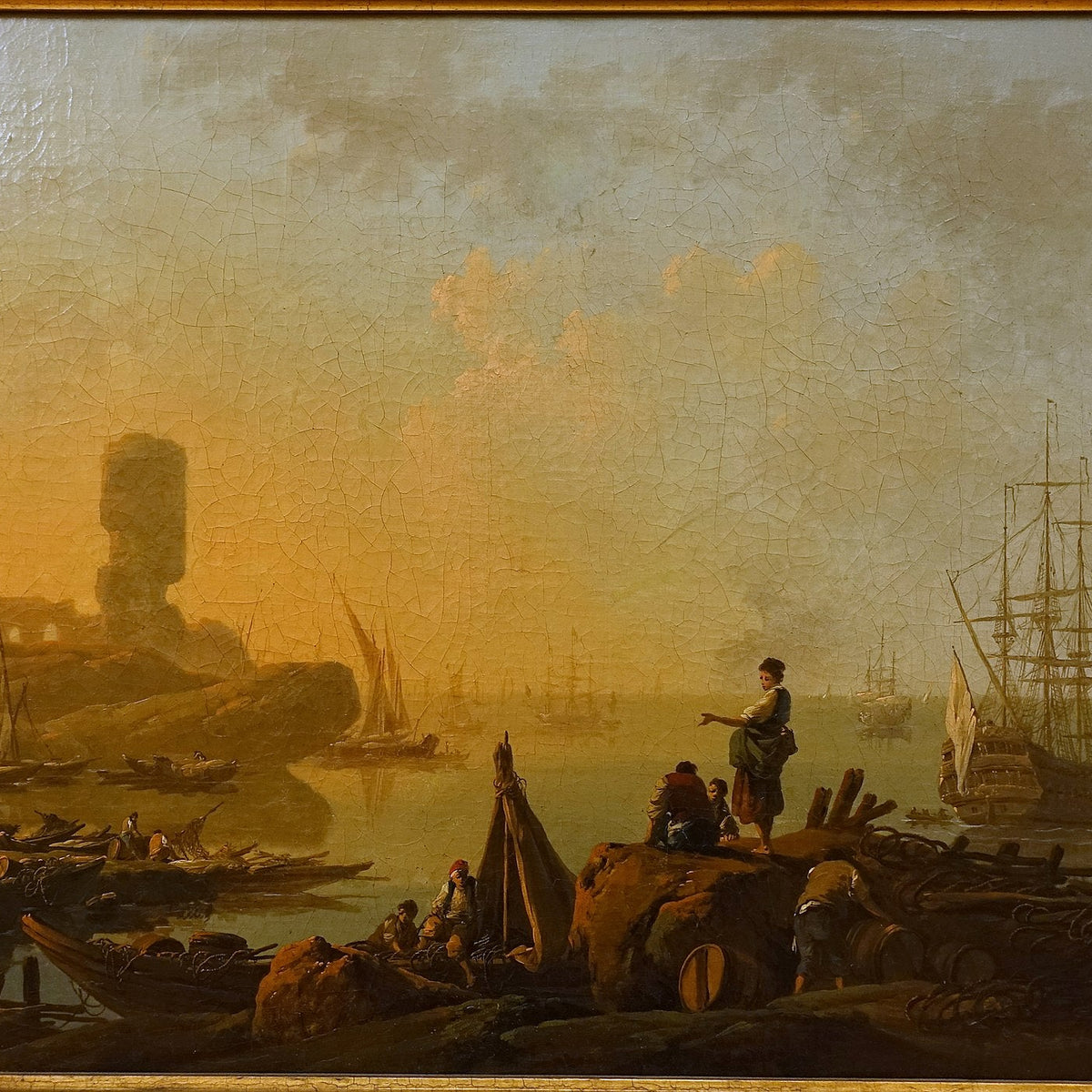 Hand-painted sunset harbor with sailing ships landscape oil painting on canvas