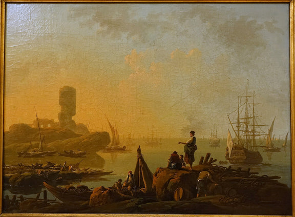 Hand-painted sunset harbor with sailing ships landscape oil painting on canvas