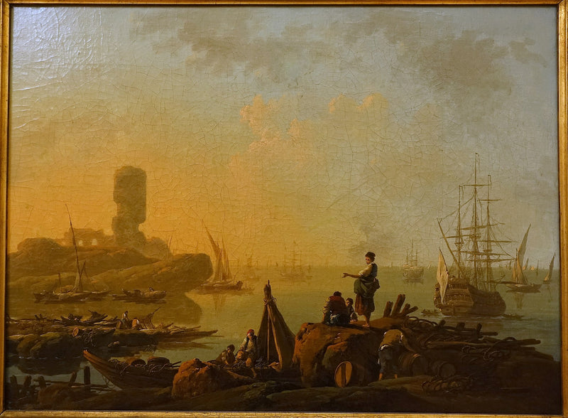 Hand-painted sunset harbor with sailing ships landscape oil painting on canvas