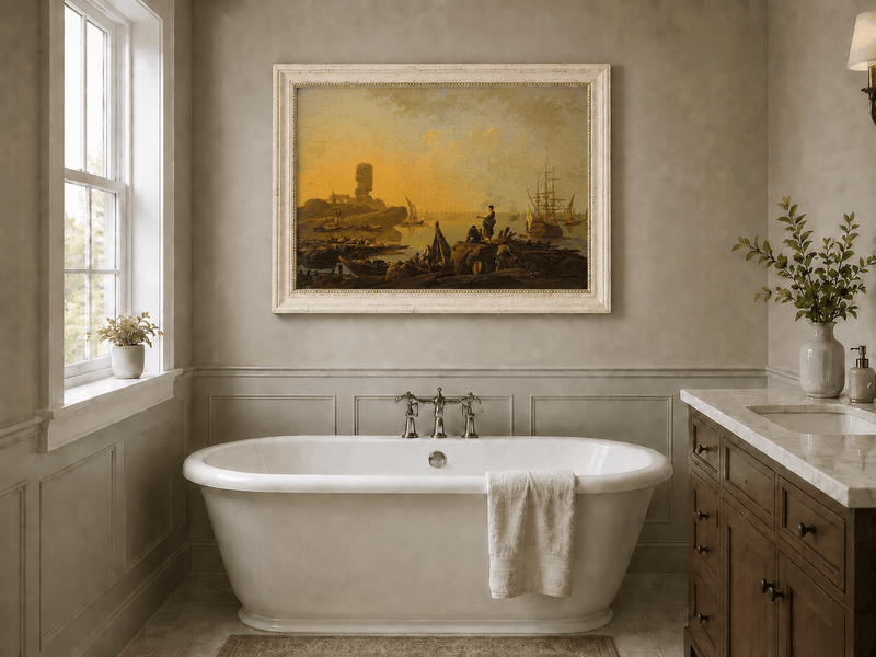 Sunset harbor landscape oil painting presented as interior home decor.