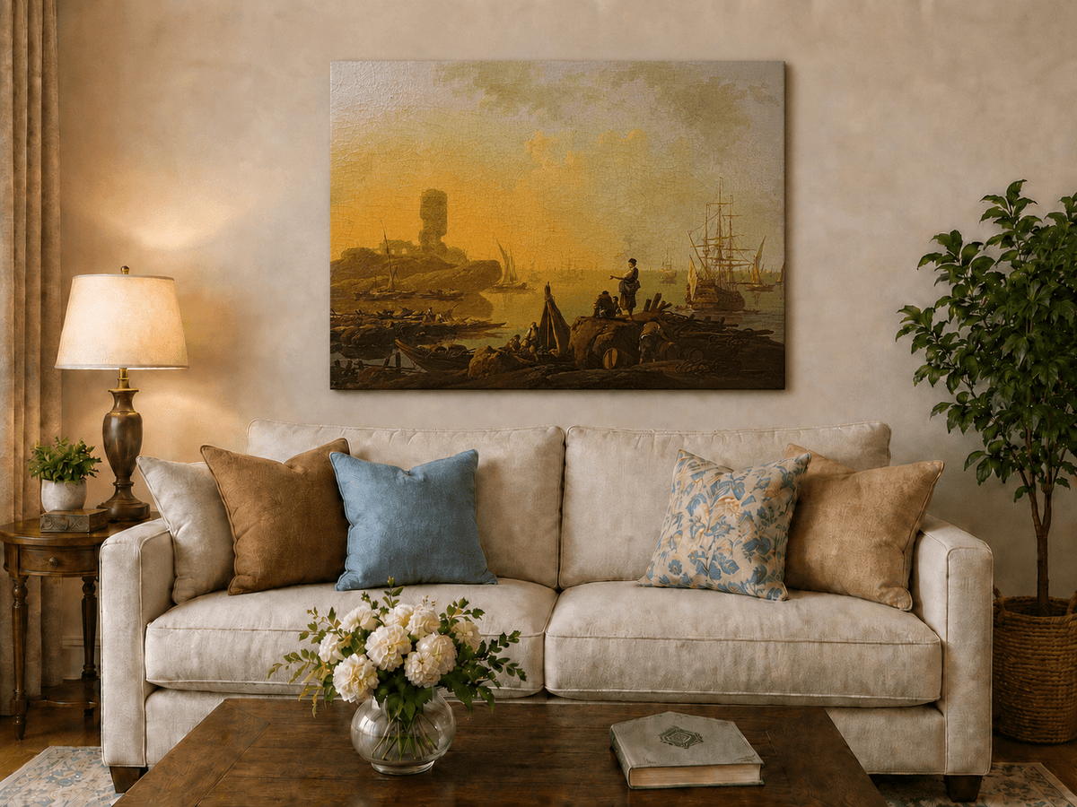 Sailing ships at sunset hand-painted oil artwork displayed in a second interior view.