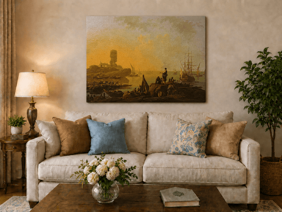 Sailing ships at sunset hand-painted oil artwork displayed in a second interior view.
