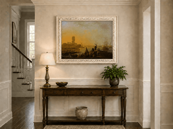 Sunset harbor and sailing ships hand-painted oil artwork shown as home wall decor.