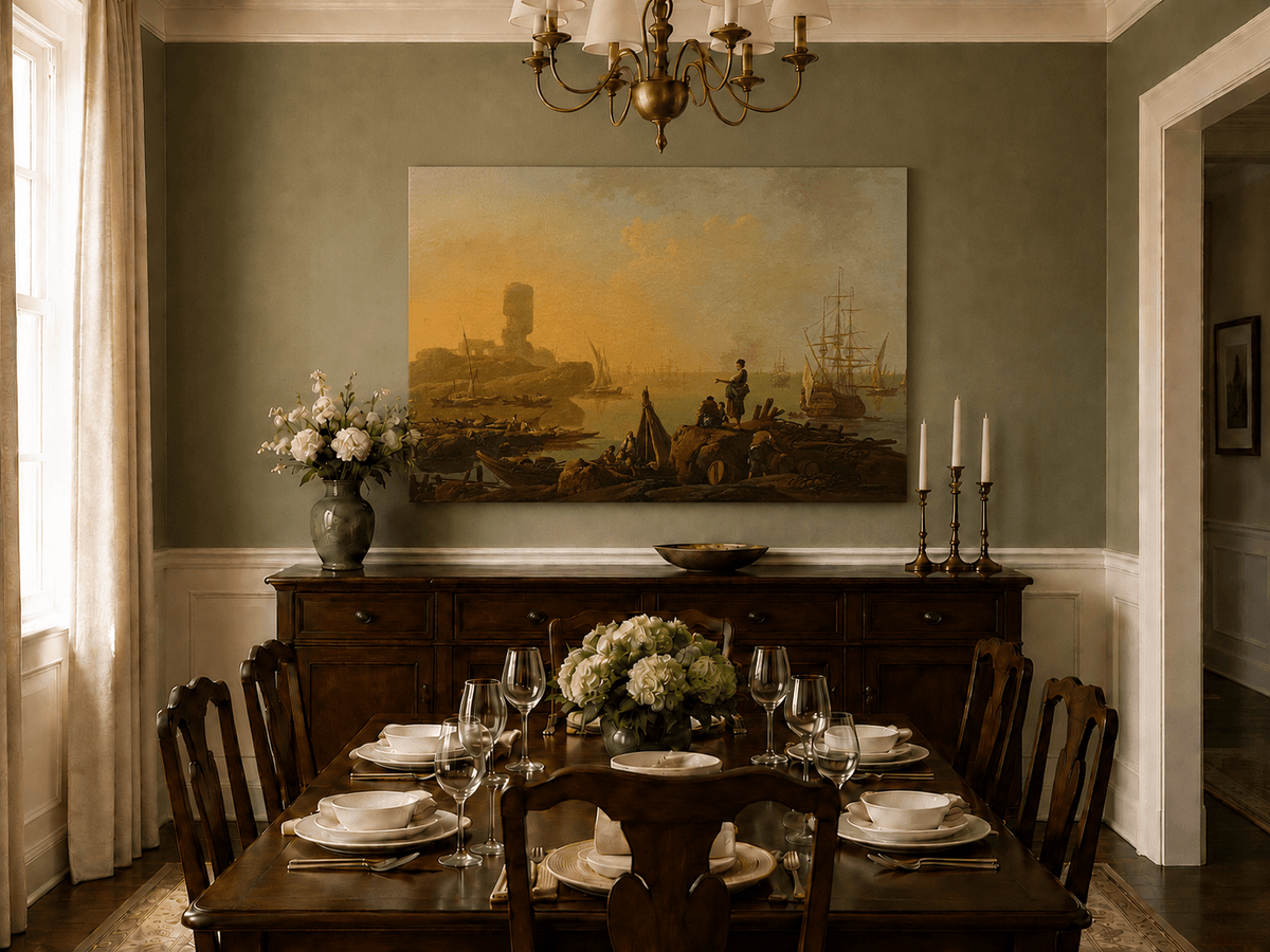 Hand-painted sunset harbor landscape artwork in an interior display.