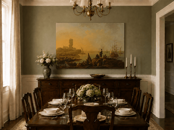 Hand-painted sunset harbor landscape artwork in an interior display.