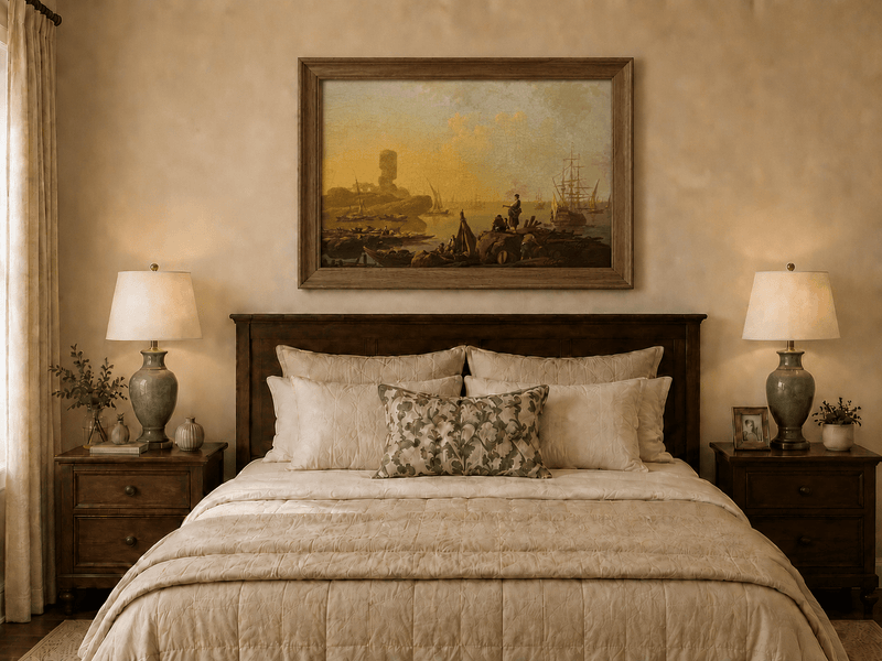 Hand-painted sunset harbor with sailing ships displayed as decorative wall art.