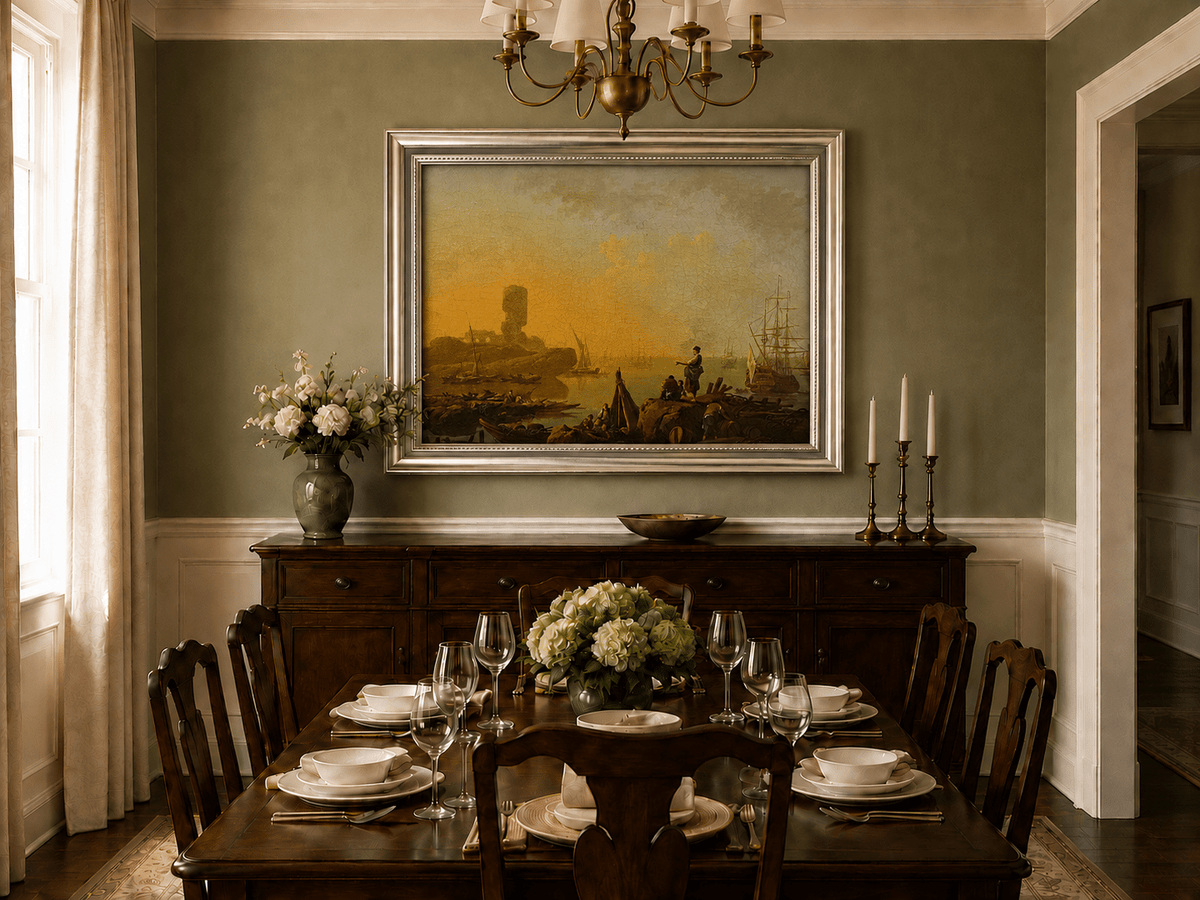 Sunset harbor and ships oil landscape artwork shown in a styled home interior.