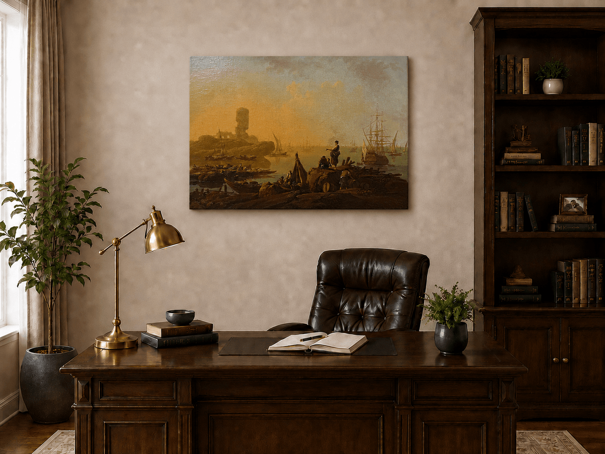 Interior wall art view featuring a sunset harbor with sailing ships oil painting.