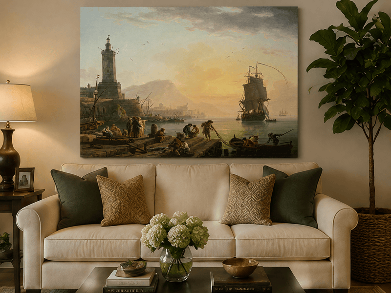 Sunset harbor and ships hand-painted oil artwork displayed in a second interior view.