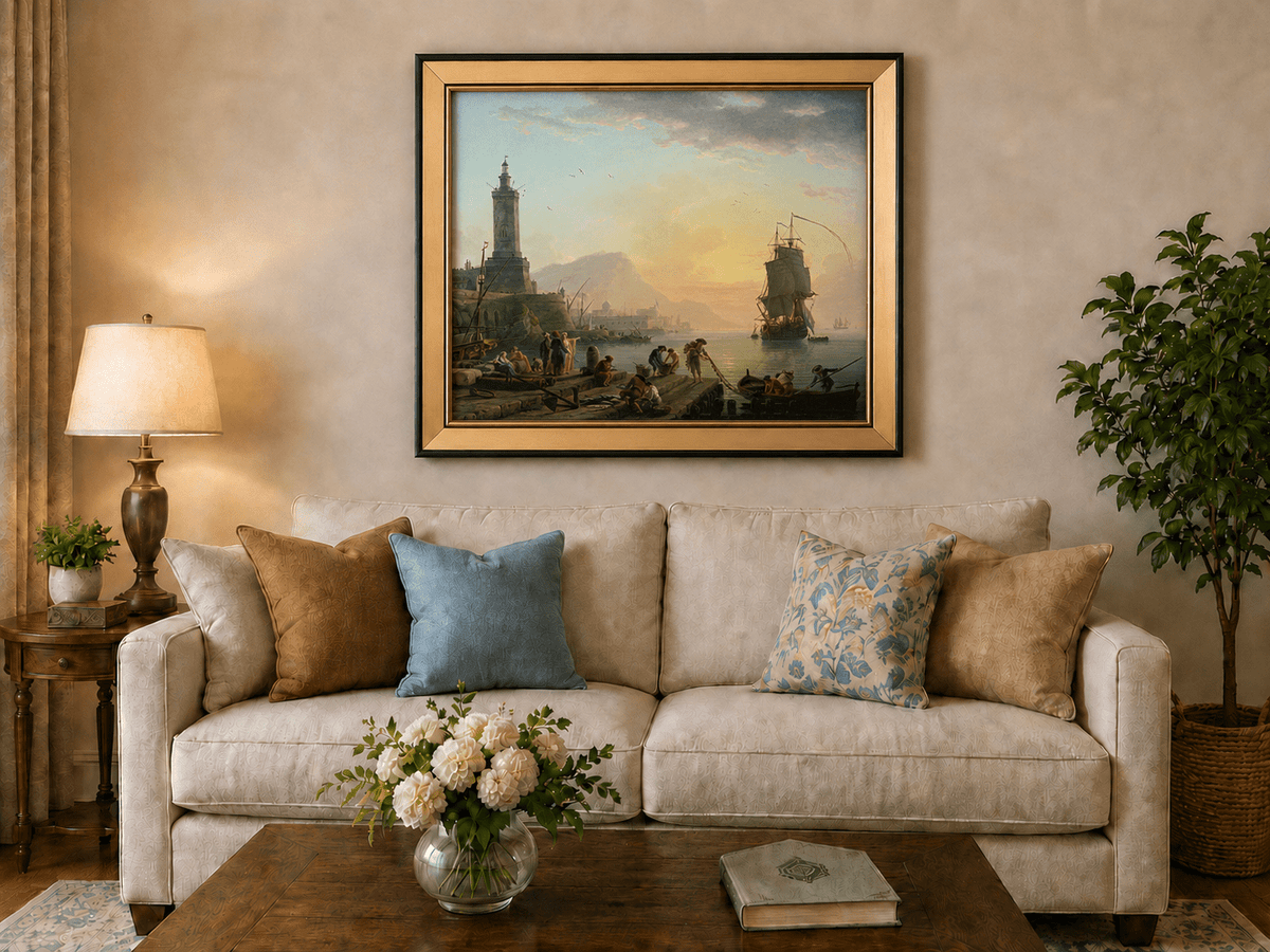 Sunset harbor with ships and figures landscape oil painting displayed in a styled home interior.