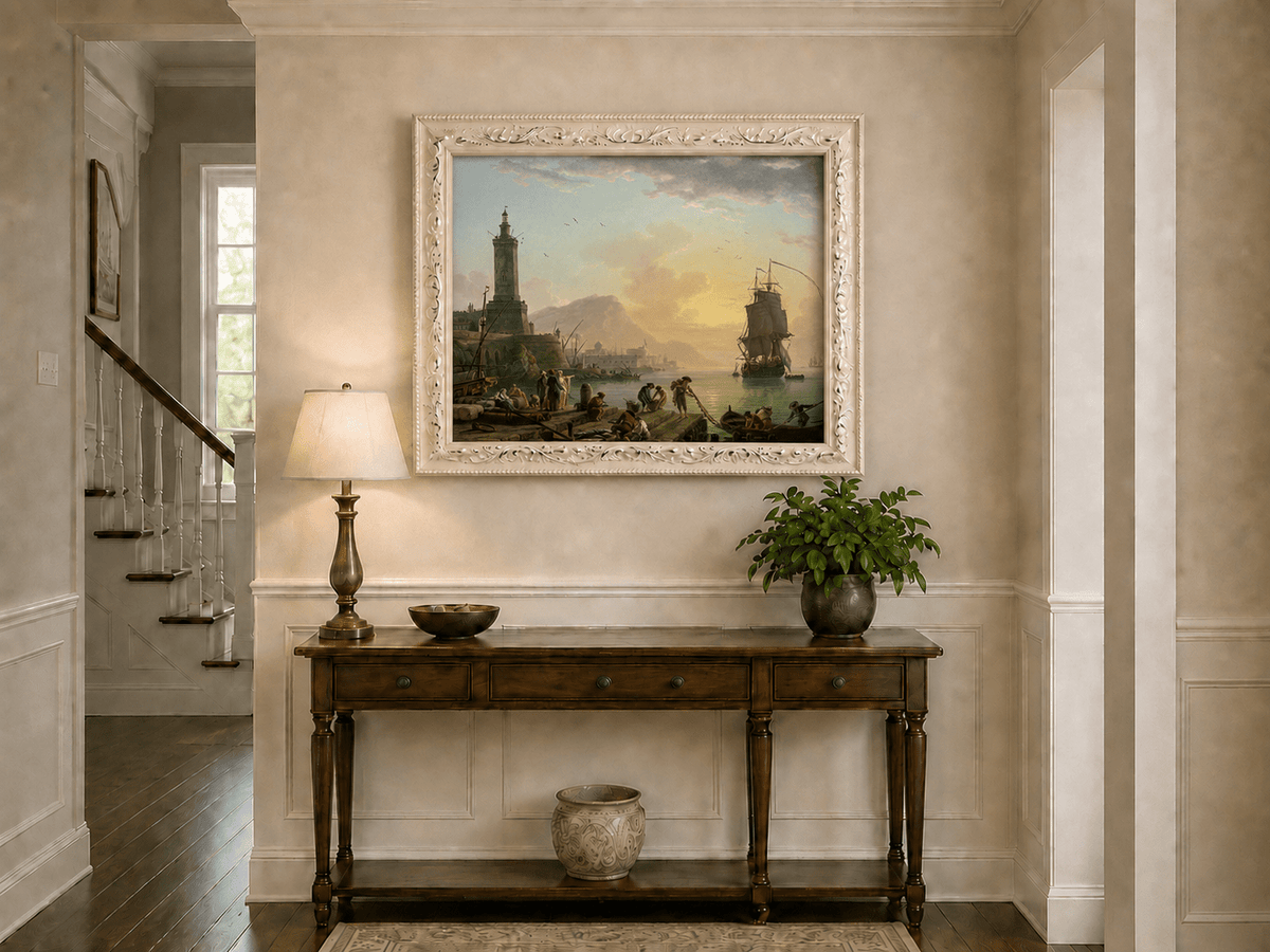 Sunset harbor, sailing ships and figures hand-painted oil artwork shown as home wall decor.