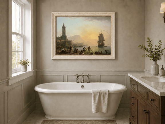 Sunset harbor with figures landscape oil painting presented as interior home decor.