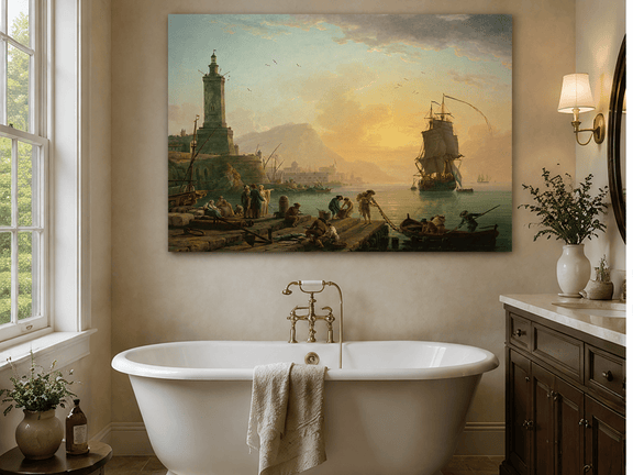 Sunset harbor with ships and figures landscape oil painting presented as styled home decor.