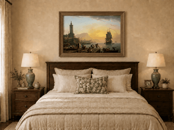 Hand-painted sunset harbor with ships and figures displayed as decorative wall art.