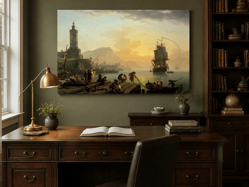 Interior wall art view featuring a sunset harbor with ships and figures oil painting.