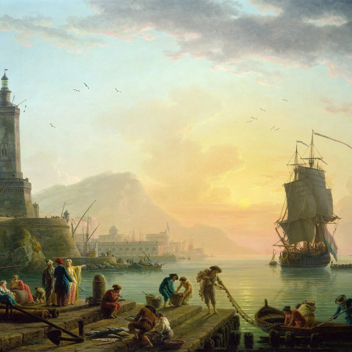 Landscape Oil Painting - Sunset Harbor with Ships & Figures - Oil Painting Haven