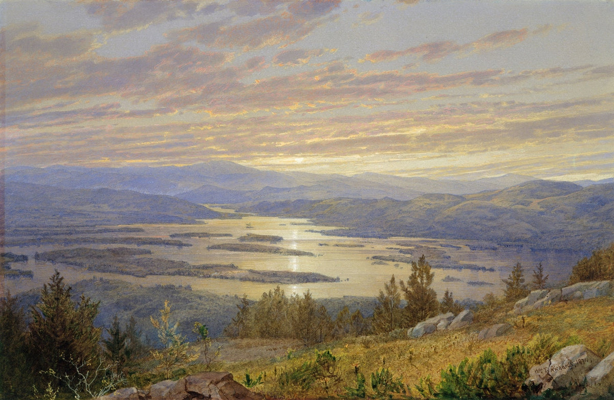 Landscape Oil Painting - Sunset - Hued Expansive Lake, Mountains & Foliage - Oil Painting Haven