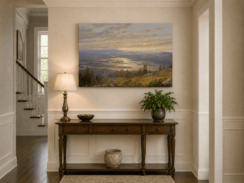Peinture à l'huile de paysage - Vaste lac aux teintes du coucher de soleil, montagnes et feuillage