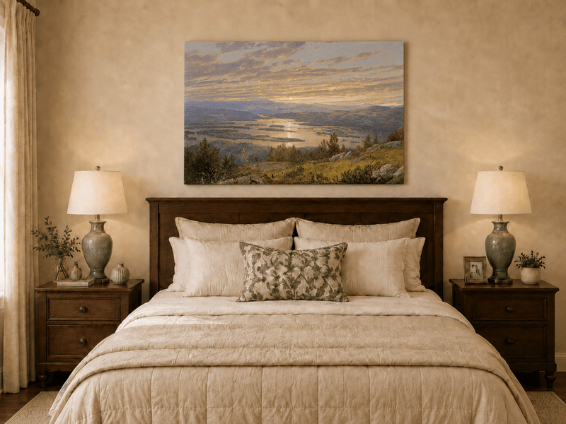 Peinture à l'huile de paysage - Vaste lac aux teintes du coucher de soleil, montagnes et feuillage