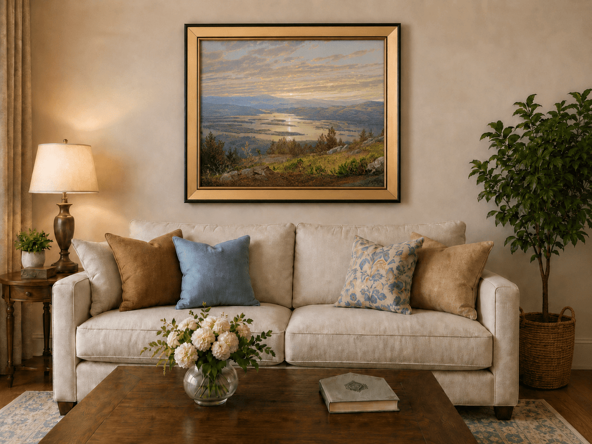 Peinture à l'huile de paysage - Vaste lac aux teintes du coucher de soleil, montagnes et feuillage