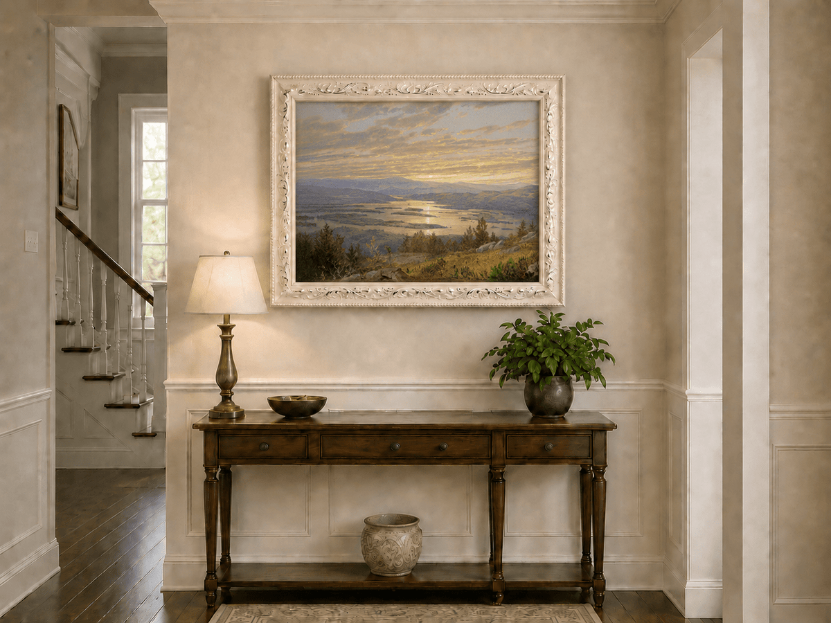 Peinture à l'huile de paysage - Vaste lac aux teintes du coucher de soleil, montagnes et feuillage