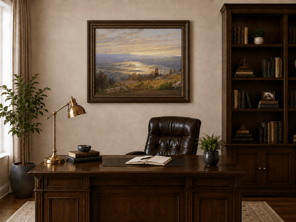 Peinture à l'huile de paysage - Vaste lac aux teintes du coucher de soleil, montagnes et feuillage