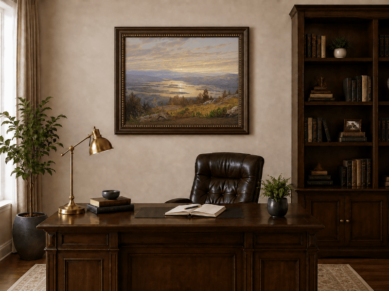 Peinture à l'huile de paysage - Vaste lac aux teintes du coucher de soleil, montagnes et feuillage