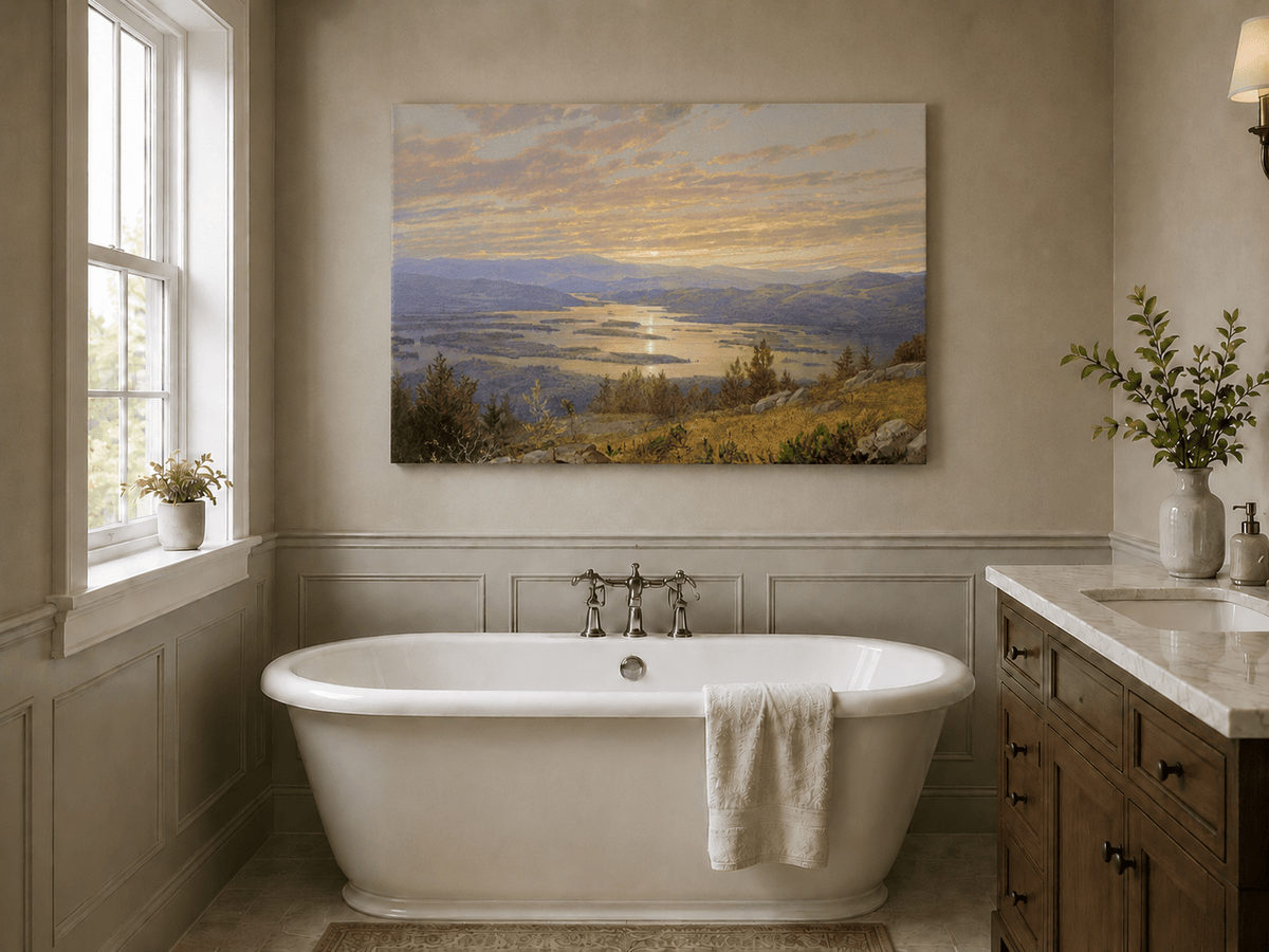 Peinture à l'huile de paysage - Vaste lac aux teintes du coucher de soleil, montagnes et feuillage