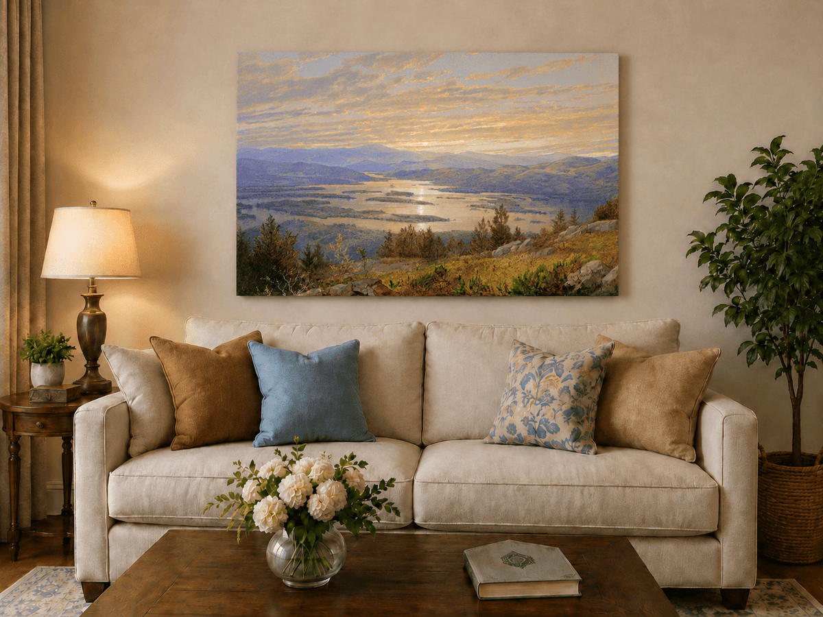 Peinture à l'huile de paysage - Vaste lac aux teintes du coucher de soleil, montagnes et feuillage