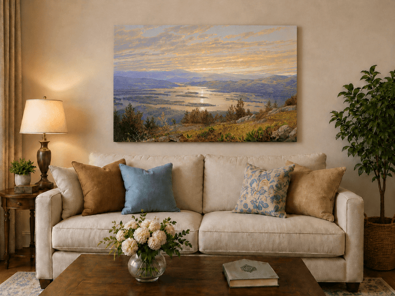 Peinture à l'huile de paysage - Vaste lac aux teintes du coucher de soleil, montagnes et feuillage