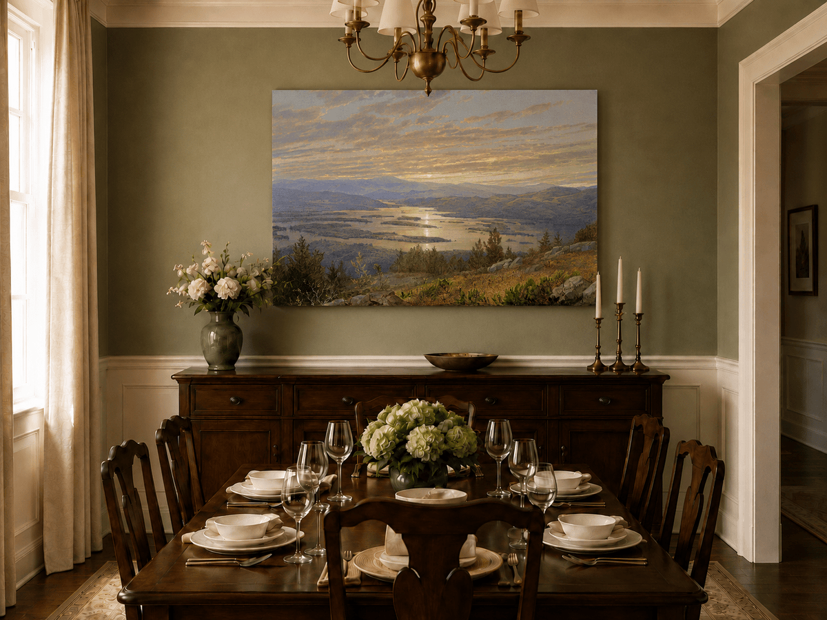 Peinture à l'huile de paysage - Vaste lac aux teintes du coucher de soleil, montagnes et feuillage