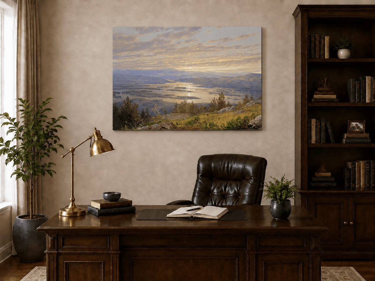 Peinture à l'huile de paysage - Vaste lac aux teintes du coucher de soleil, montagnes et feuillage