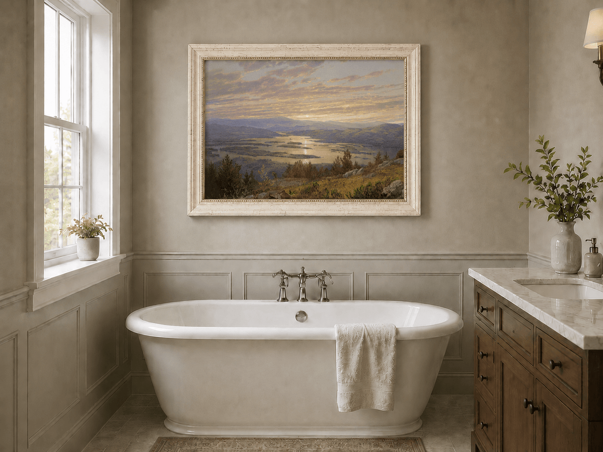 Peinture à l'huile de paysage - Vaste lac aux teintes du coucher de soleil, montagnes et feuillage