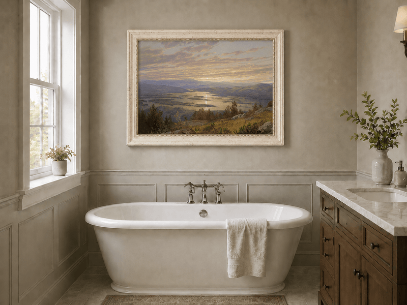 Peinture à l'huile de paysage - Vaste lac aux teintes du coucher de soleil, montagnes et feuillage