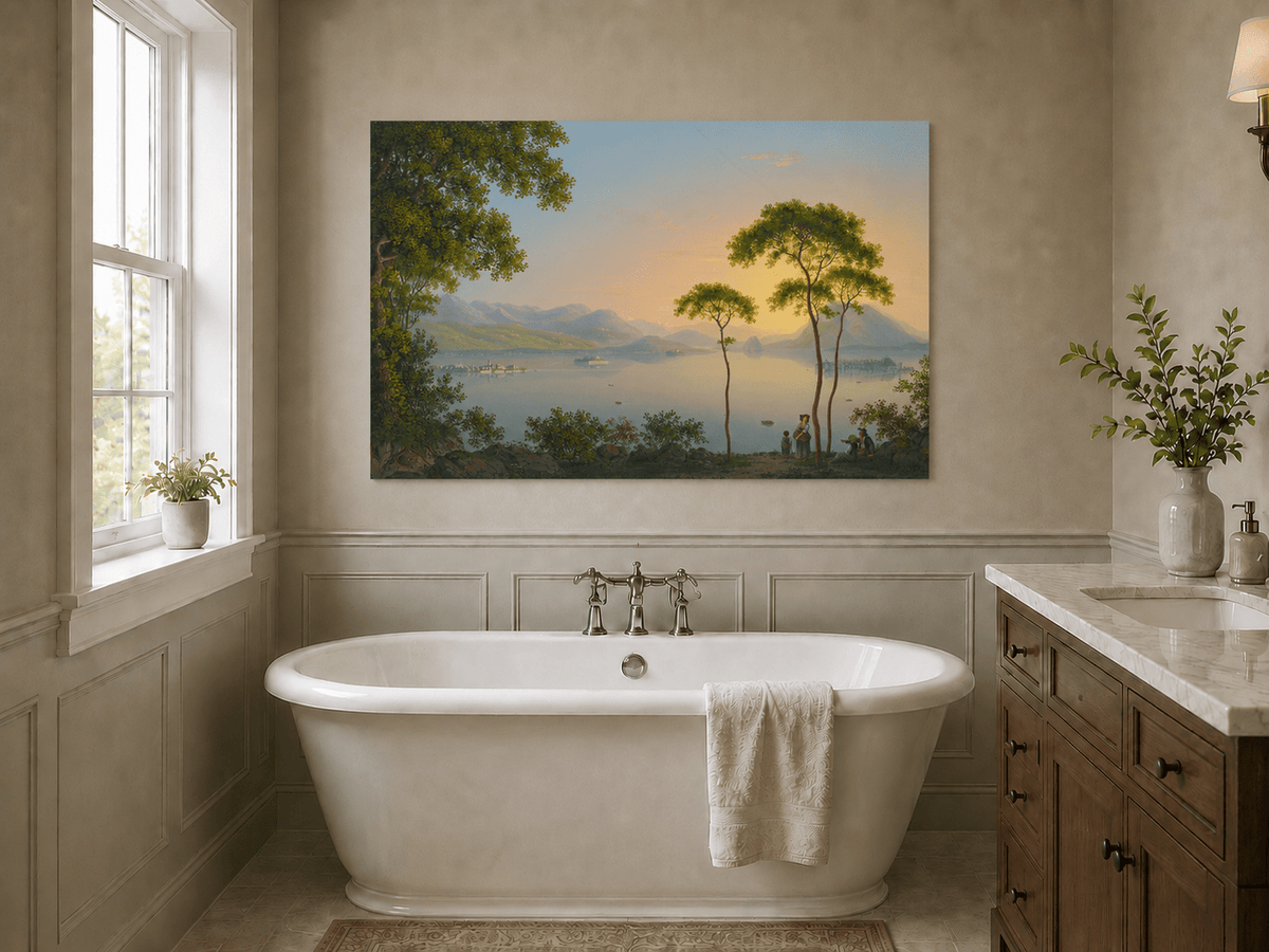 Landscape Oil Painting - Sunset Lake View with Pines and Islands