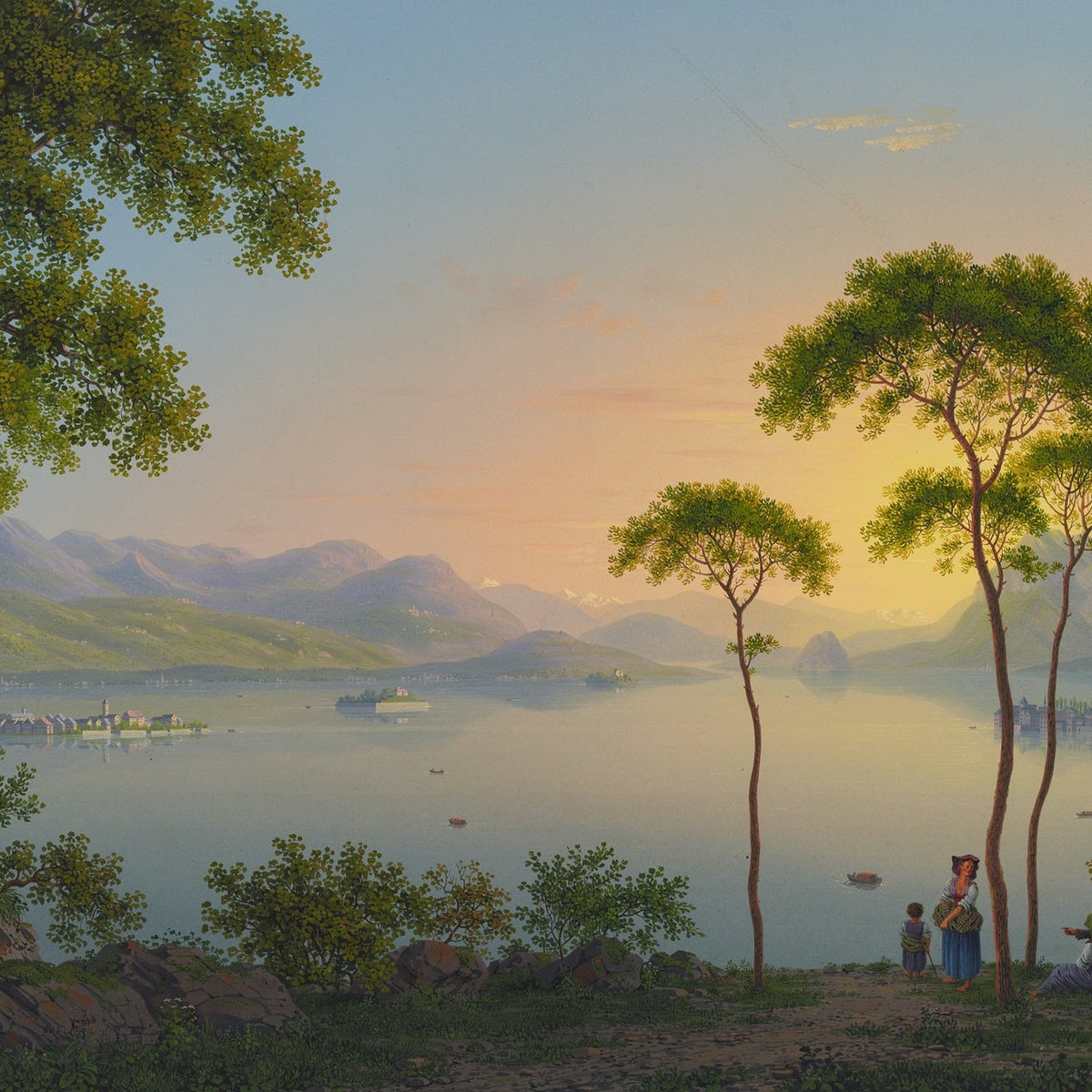 Hand-painted sunset lake view with pines and islands landscape oil painting on canvas