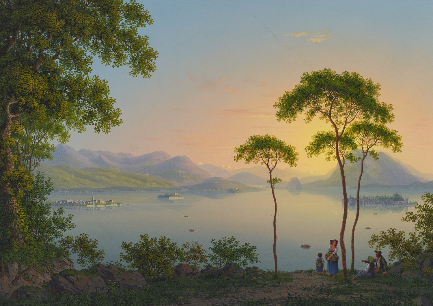 Hand-painted sunset lake view with pines and islands landscape oil painting on canvas