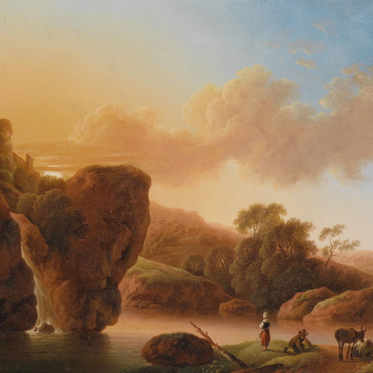 Landscape Oil Painting - Sunset Lake, Waterfall, and Castle Ruins - Oil Painting Haven