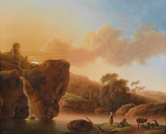 Landscape Oil Painting - Sunset Lake, Waterfall, and Castle Ruins - Oil Painting Haven
