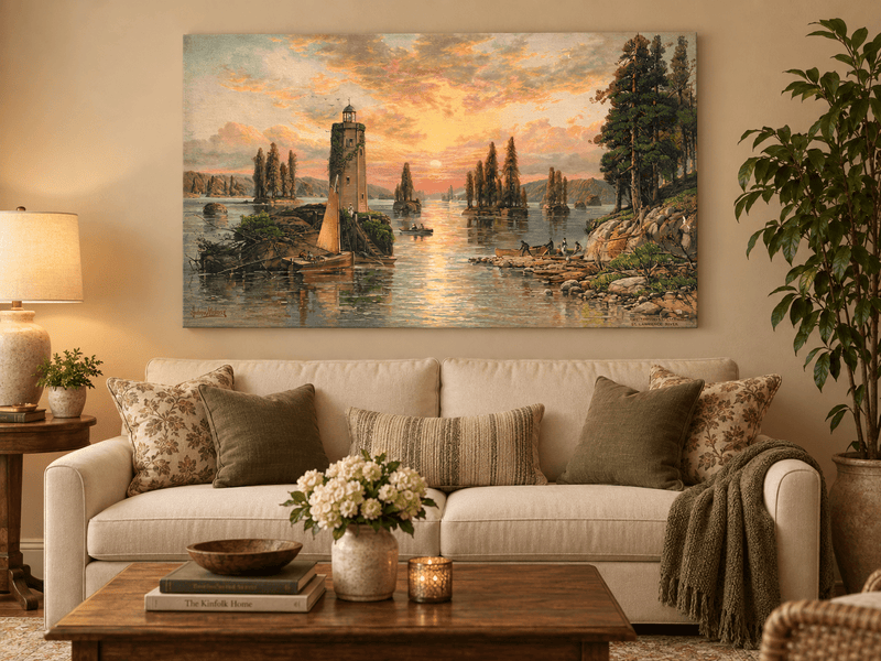 Landscape Oil Painting - Sunset Lake with Lighthouse and Pines