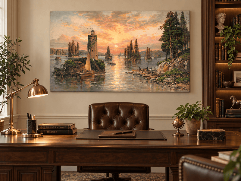 Landscape Oil Painting - Sunset Lake with Lighthouse and Pines