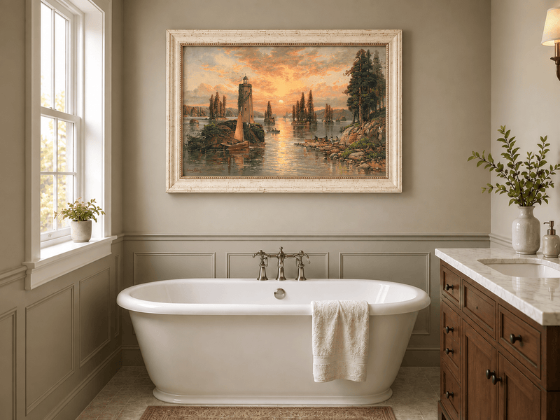 Landscape Oil Painting - Sunset Lake with Lighthouse and Pines