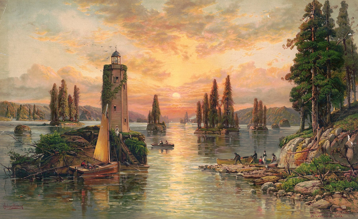 Landscape Oil Painting - Sunset Lake with Lighthouse and Pines - Oil Painting Haven