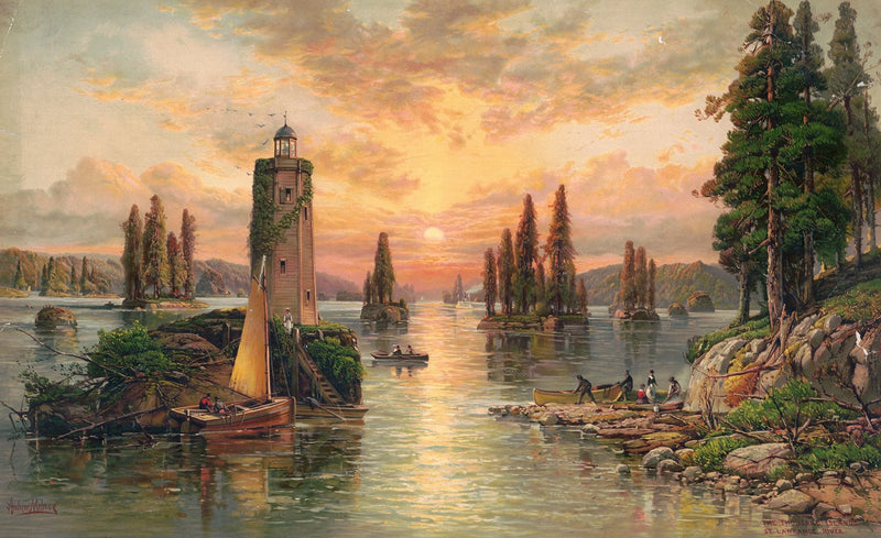Landscape Oil Painting - Sunset Lake with Lighthouse and Pines - Oil Painting Haven