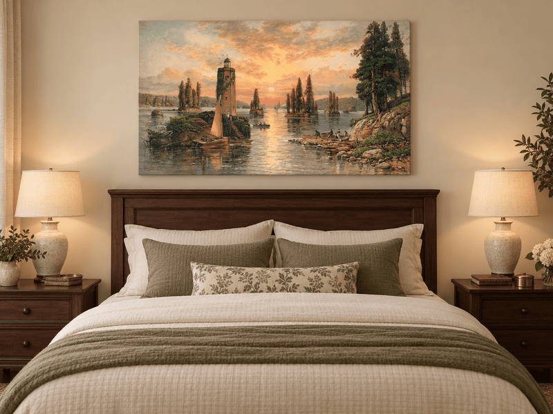 Landscape Oil Painting - Sunset Lake with Lighthouse and Pines