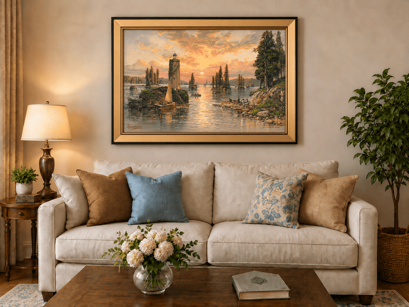 Landscape Oil Painting - Sunset Lake with Lighthouse and Pines